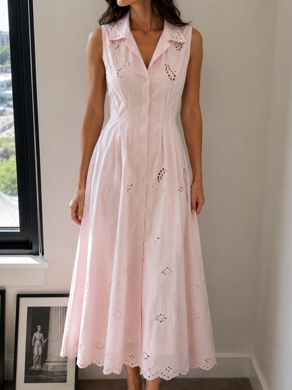 Elie Tahari Sleeveless Pink Eyelet Maxi Shirt Dress